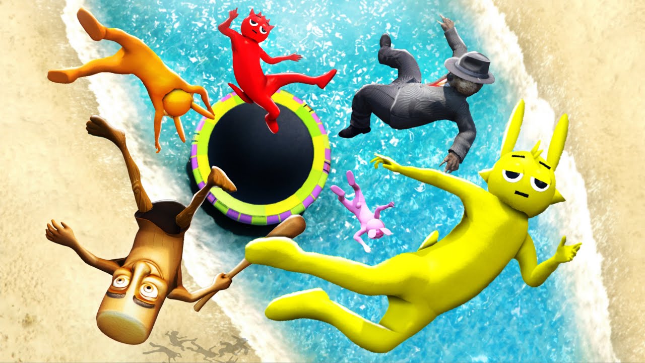 Incredibox Sprunki and Tralalelo Tralala Group Crazy Water Tampoline Jumps and Ragdolling in GTA 5