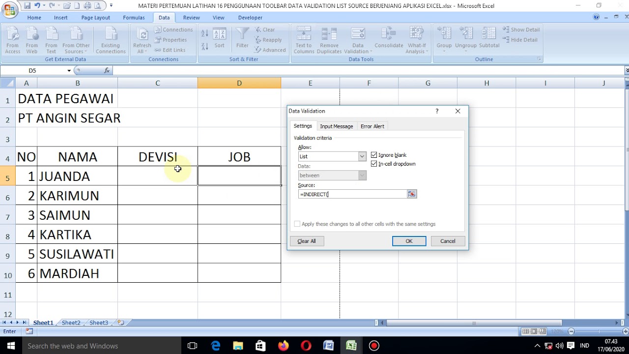 MATERI LATIHAN 16 PENGGUNAAN TOOLBAR DATA VALIDATION BERJENJANG