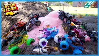Monster Jam Toy Trucks Mud Racing Play in the Backyard