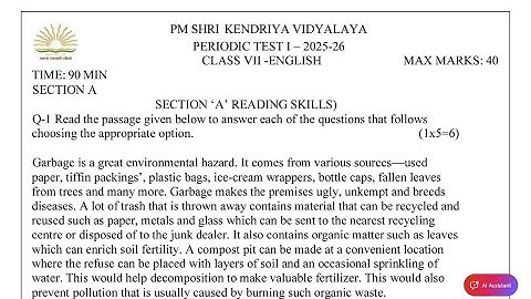 Class-7 English / Periodic Test-1 Question Paper/ PM SHRI kendriya Vidyalaya Exam Paper KV student