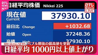 【速報】日経平均  一時1000円以上値上がり  バブル期後の最高値を更新