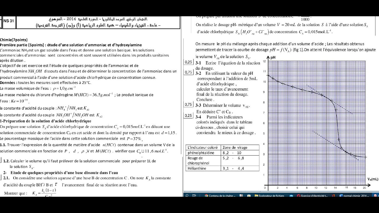 exercice  chimie  dosage réaction base avec eau  2 Bac correction Examen de physique chimie 2014