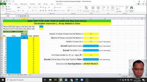Excel Tutorial on Single-Sample Sign Test For Sample Size of 25 or Less