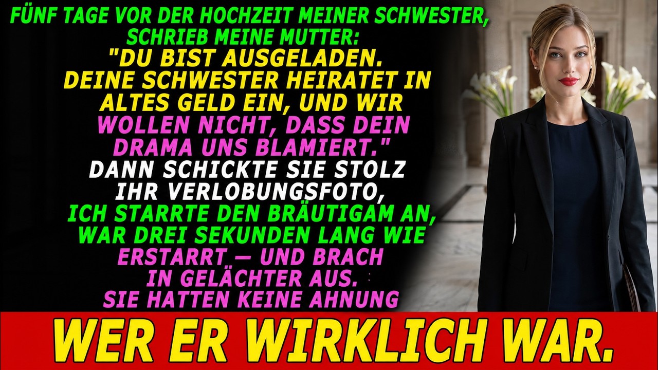 „Du bist nicht eingeladen“, schrieb mir meine Mutter fünf Tage vor der Hochzeit meiner Schwester. Dann schickte sie mir das Verlobungsfoto – der strahlende Bräutigam, seine Hand auf Lindses...