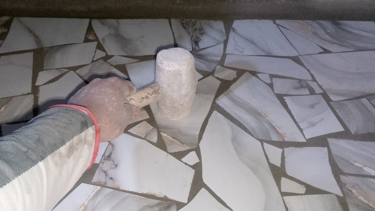 How to professionally install broken ceramic tile scraps on a shelf base | Making use of scraps