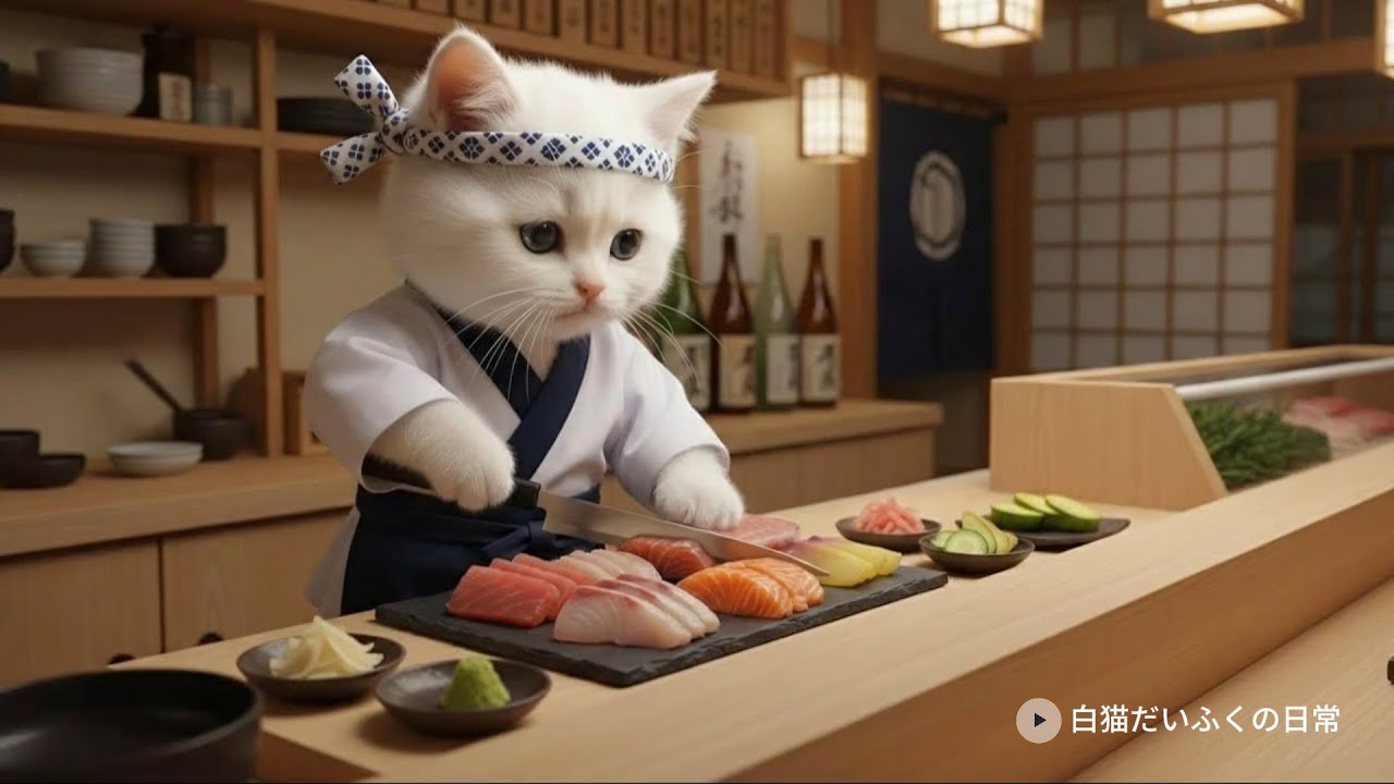 [本編]好きな食べ物はお寿司にゃ!!!だいふくが高級すしで働いた日の一日に密着🍣