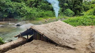 camping build underground houses||during heavy rain fishing and burning fish in the river
