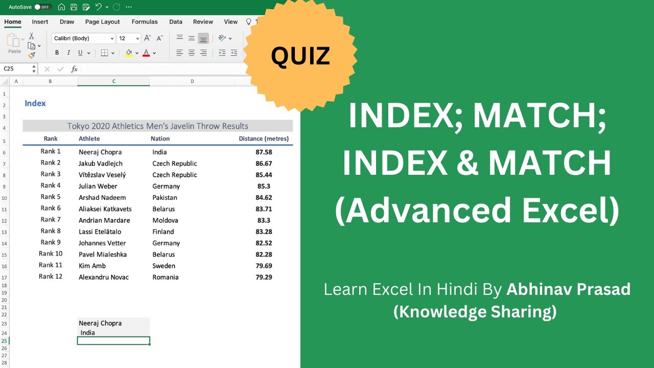 Advanced Excel: Index; Match; Index and Match together in Hindi ...