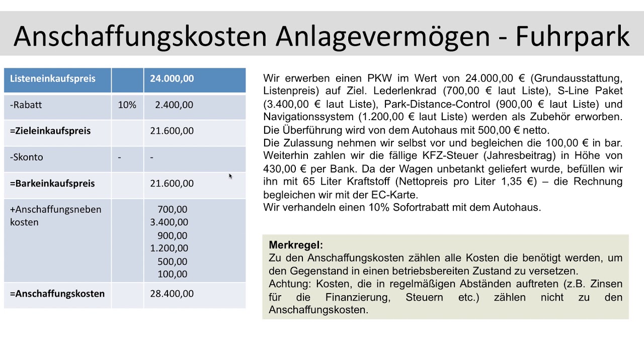 Update Anschaffungskosten, Anschaffungsnebenkosten Fuhrpark inkl. Buchungen, Anlagevermögen (FOS / BOS)