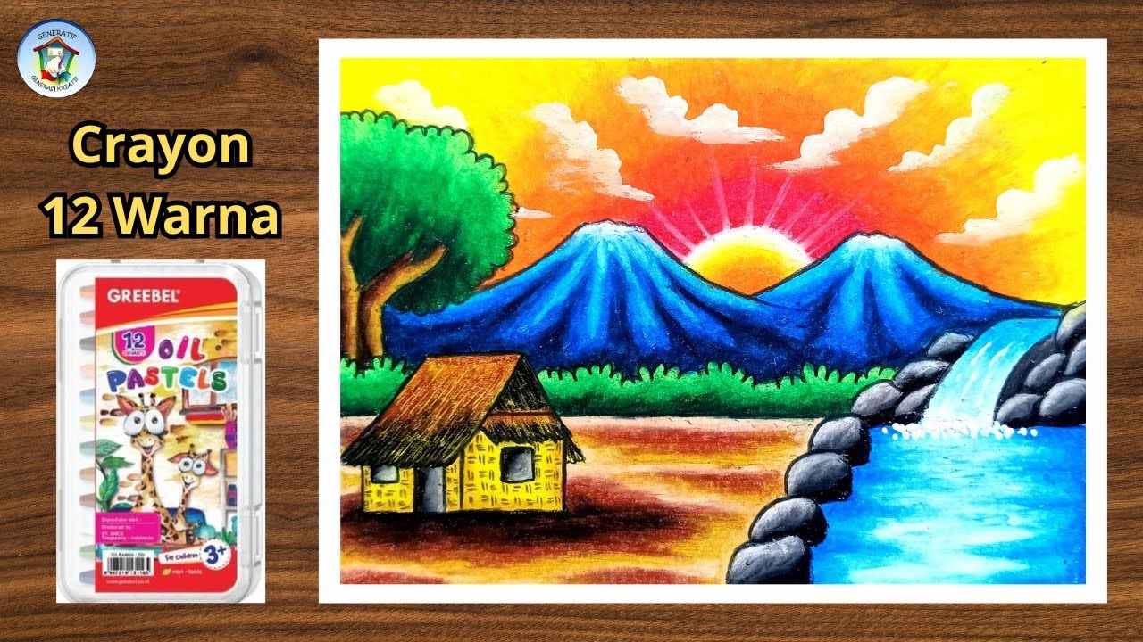 Menggambar Pemandangan Gunung dan Air Terjun dengan Crayon 12 Warna