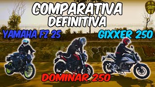 Bajaj Dominar 250 vs Yamaha FZ 25 vs Suzuki Gixxer 250 Comparativa!! VikMoto x NohBiker x JohnRides