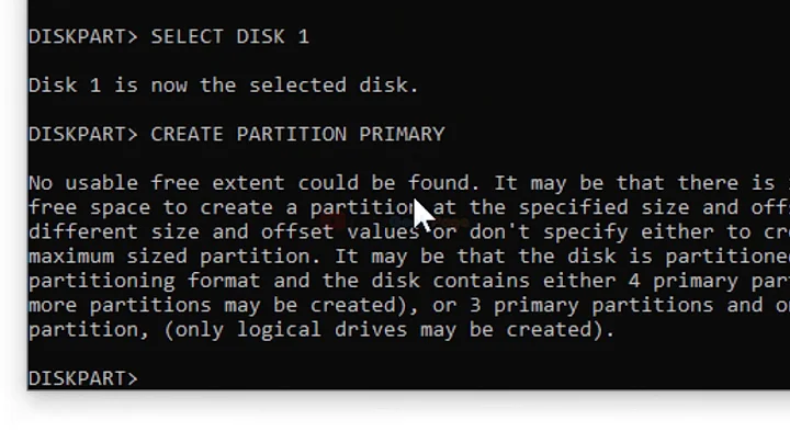 No usable free extent could be found error when running DISKPART