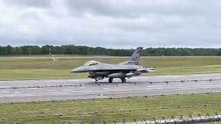 4 F-16 Fighter Jets taxi, take off one by one up into clouds from Portsmouth PSM airport Real Sound