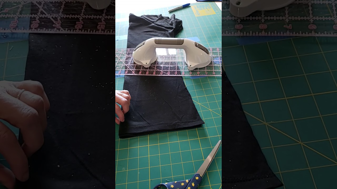 Making T-shirt yarn for masks using a side seamed shirt.