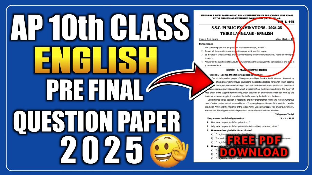 AP 10th class ENGLISH pre final important question paper 2025||10th ...