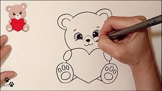 How to draw a cute  teddy bear holding a heart 💓