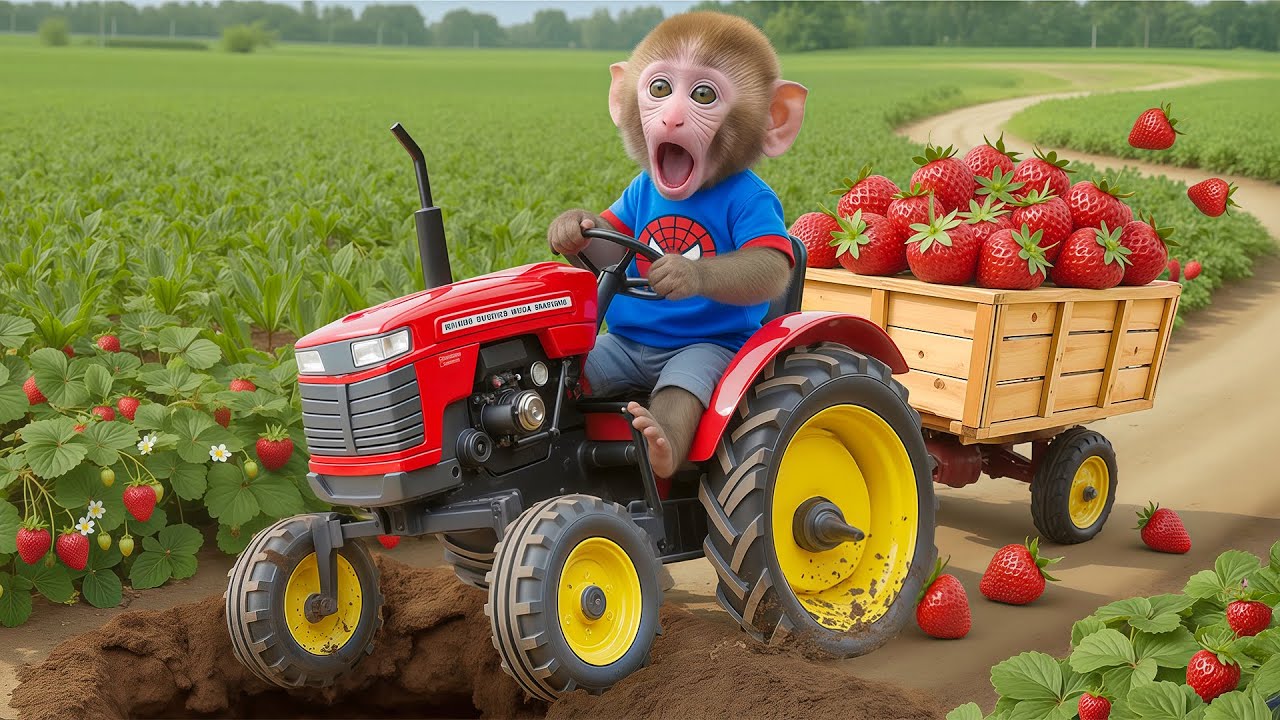Monkey NiNi Drives Tractor Carrying Strawberrys And Fixes The Hole In Road