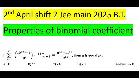 If   (10^(r+1)-1)/〖10〗^r )⋅ ^11 C_(r+1)=(α^11-〖11〗^11)/〖10〗^10 , then α is equal to #jeemain #pyq