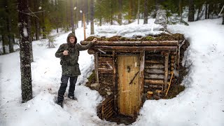 Bushcraft Dugout in Winter Forest - One Year After Construction - Steak on Charcoal - ASMR