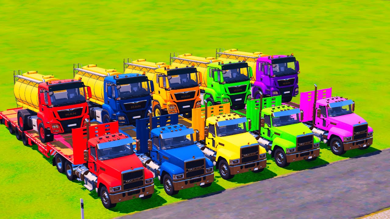 COLORFUL HEAVY HAUL : Truck Trailer MACK Transporting Tanker Trucks vs Color Obstacles!