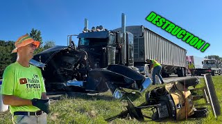 John Deere Excavator Gets DESTROYED By A Peterbilt  Heavy Recovery!