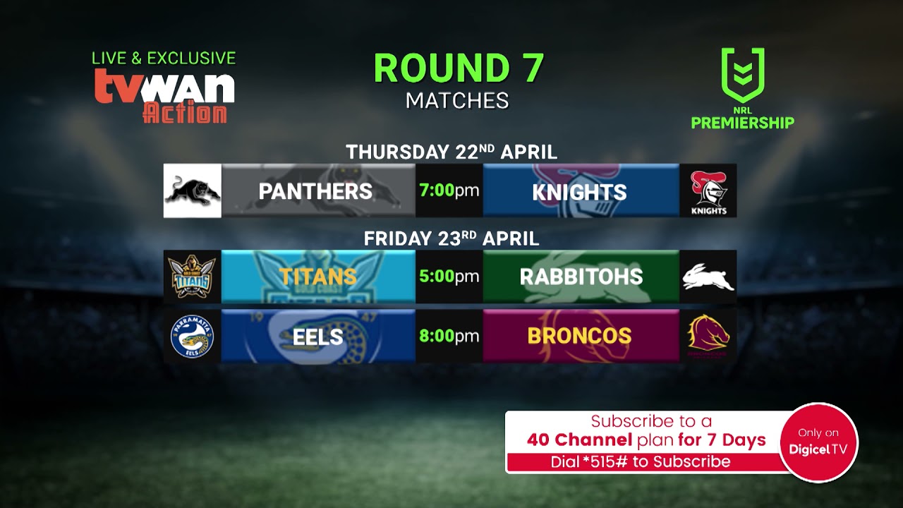 Menu board RD 7 of the NRL 2021 Live and Exclusive on TVWAN Action.