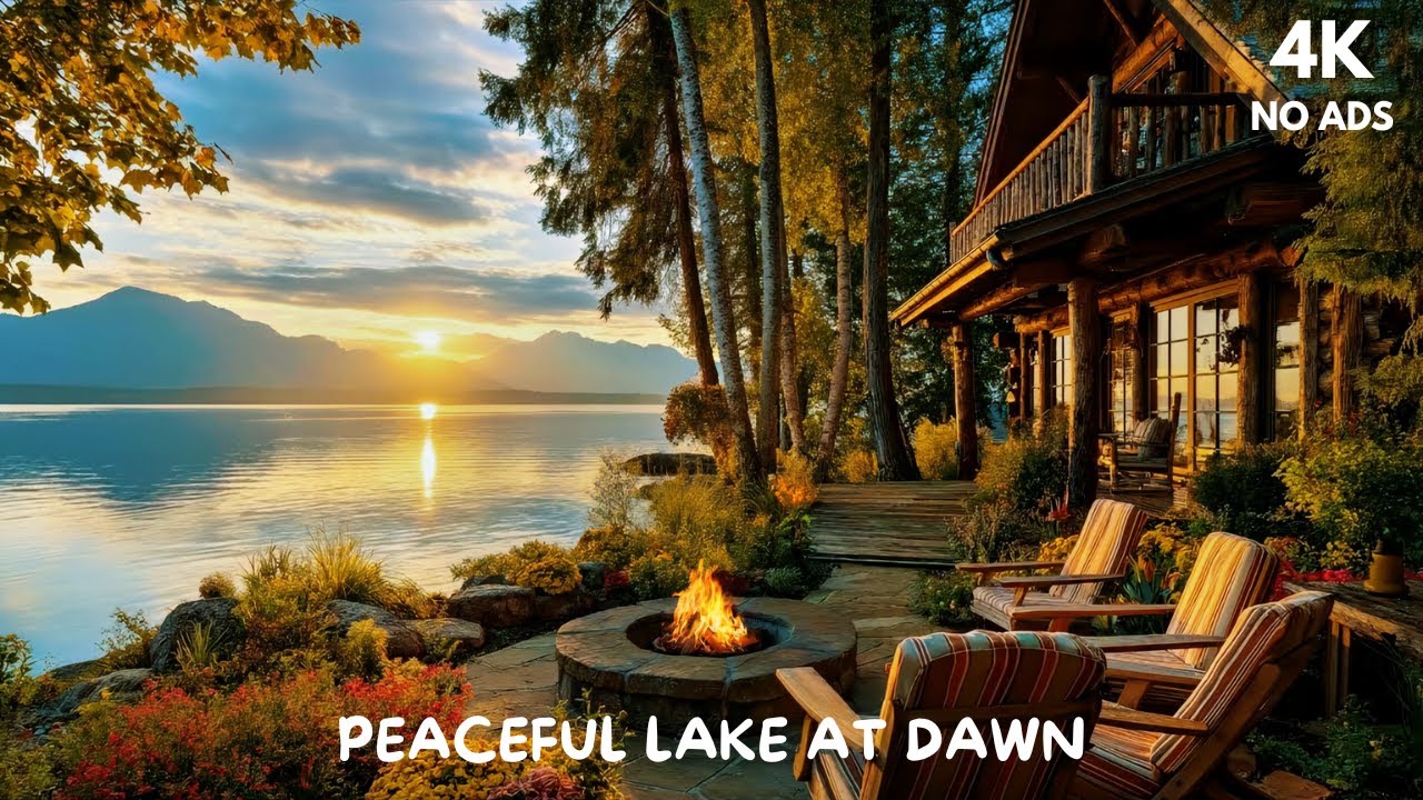 Peaceful Lake at Dawn | Gentle Birdsong & Campfire Crackling Ambience (No Ads 4K)