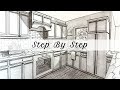 How to Draw A Kitchen in Two Point Perspective | Step By Step