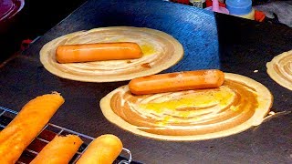 BANGKOK STREET FOOD | Crispy Thai Crepe With Sausage (Thai Style Hot Dog)