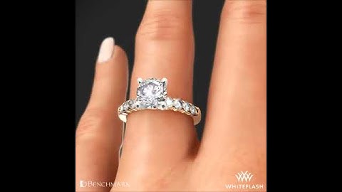 Benchmark Shared Prong Diamond Engagement Ring in Rose Gold on Hand