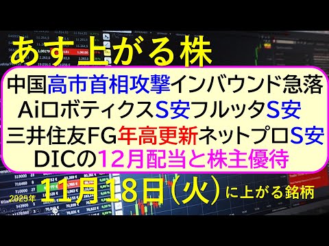 あす上がる株　2025年１１月１８日（火）に上がる銘柄。中国の高市首相攻撃で急落。Ａｉロボティクス、フルッタS安。三井住友ＦＧ年高。S安。ＤＩＣ配当～最新の日本株情報。高配当株の株価やデイトレ情報～