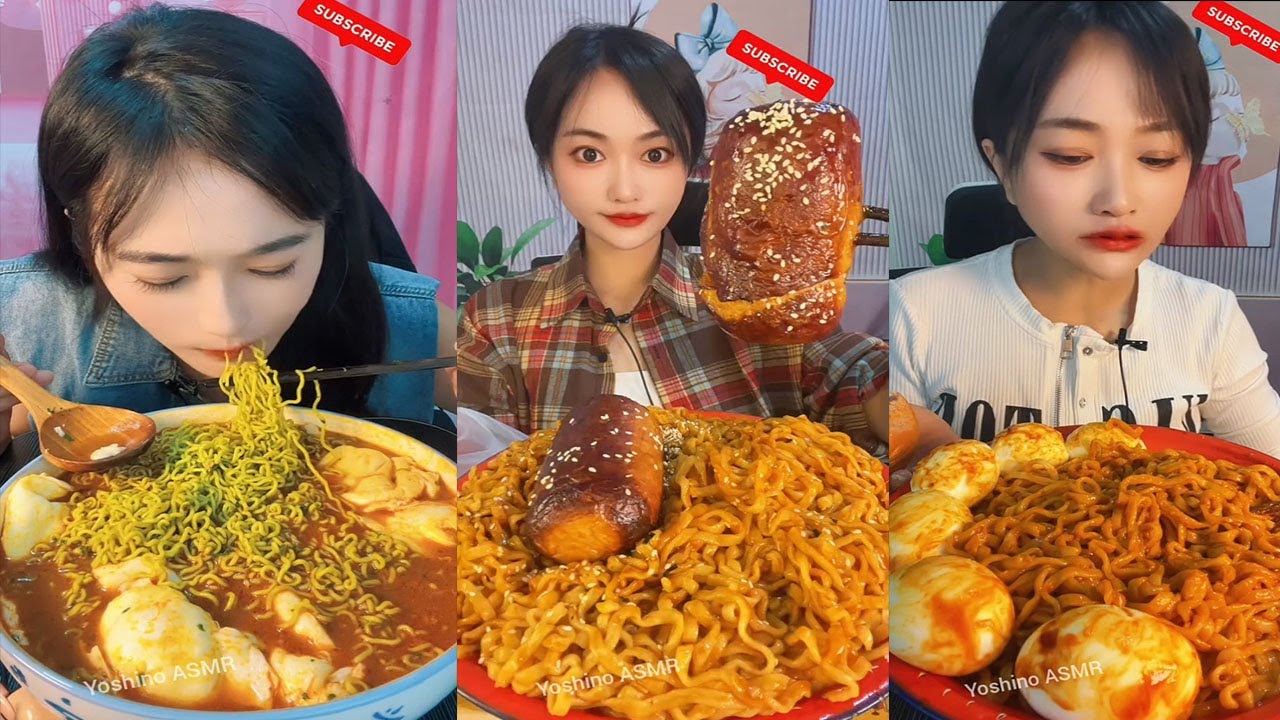 Smokey Noodle Eating Show Boiled Noodles With Spicy Sauce, Fried Eggs And Noodles