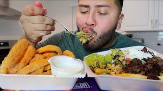 Loaded Carne Asads Fries + Onion Rings MUKBANG