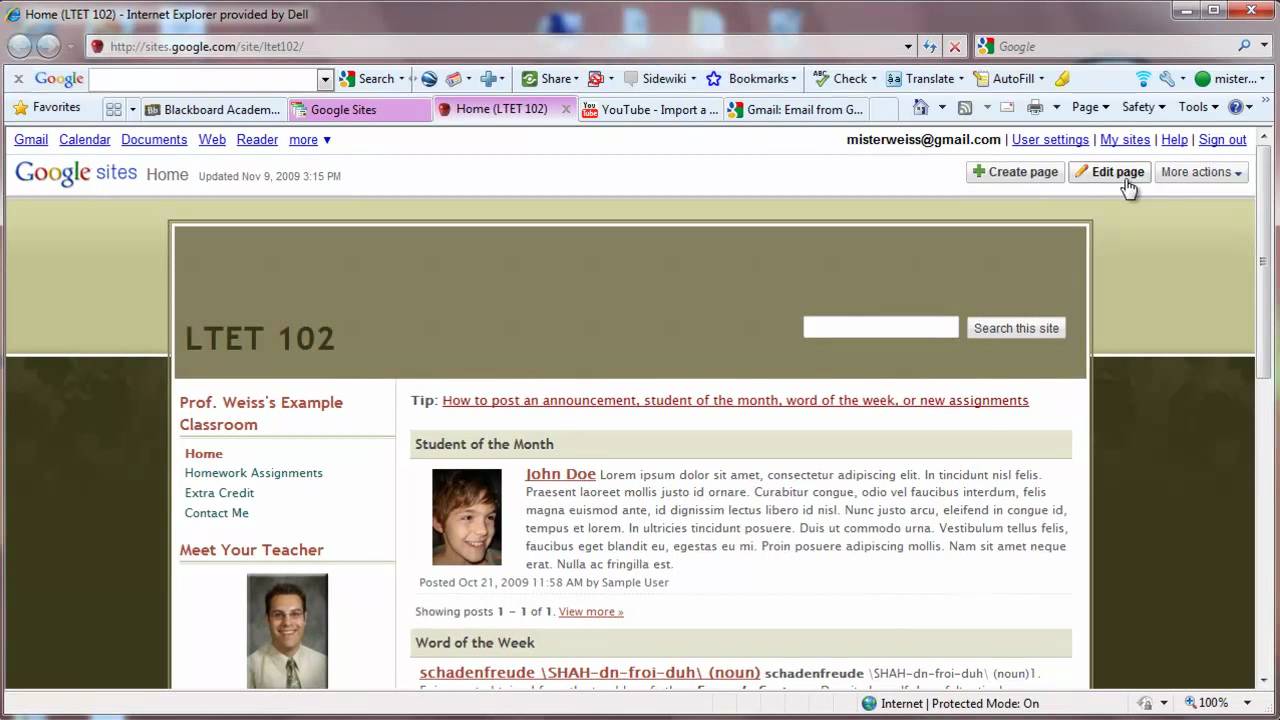 Google sites homework assignments