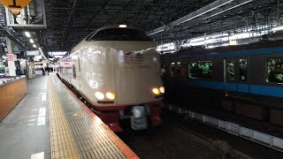 [ジョイント音最高！]285系 I4編成 I2編成 寝台特急サンライズ瀬戸号・出雲号東京行がJR西日本内、鹿と衝突に伴い59分遅れて新橋駅2番線を通過するシーン