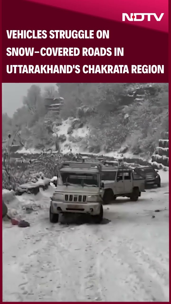 Vehicles Struggle On Snow-Covered Roads In Uttarakhand's Chakrata Region