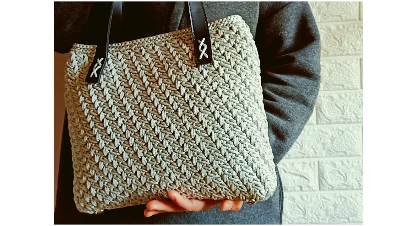 شنطة بغرزة عضم السمكة بخيط السلسلة شكل جديد - Herringbone stitch