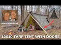 Solo overnight building a waterproof tarp tent with closing doors in the rain and ribeye steaks
