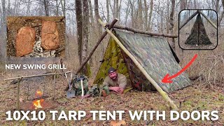 Solo Overnight Building a Waterproof Tarp Tent with Closing Doors in the Rain and Ribeye Steaks