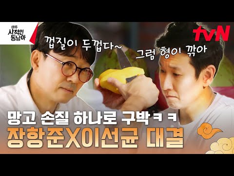 <strong>애미야</strong> 껍질이 두껍다.. 망고 손질하는 이선균한테 잔소리하는 맏형 #아주사적인동남아 EP.2 | tvN 230403 방송
