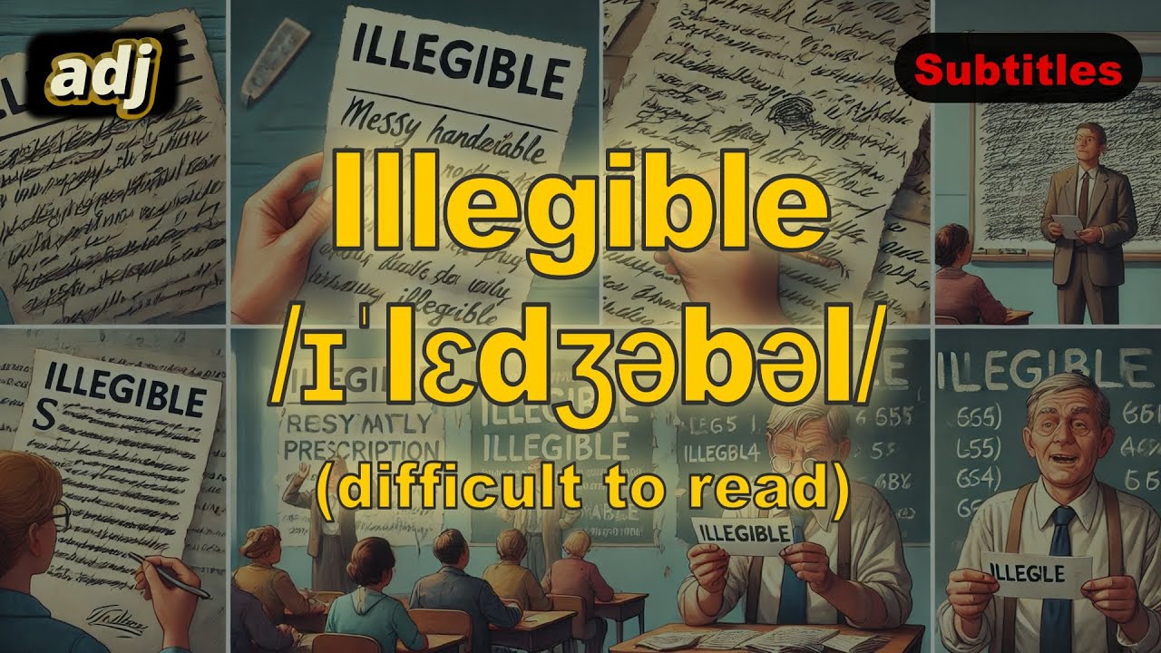 [adj] Illegible meaning (difficult to read) with 5 examples