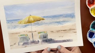Relaxing watercolor demo of beach landscape with chairs and umbrella Relaxing watercolor demo of beach landscape with chairs and umbrella