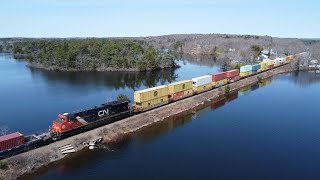 Awesome Aerial 4K View - Great Location! Huge 13,000 Foot Stack Train CN 120 w/DPU at Rocky Lake, NS