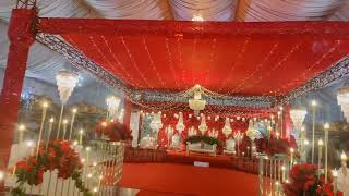 elegant decor/red dance floor &amp; stage decor/golden Areena Wedding Hall