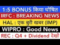 IRFC SHARE LATEST NEWS  HAL SHARE NEWS  REC Q4 DIVIDEND  WIPRO SHARE  STOCK MARKET INDIA