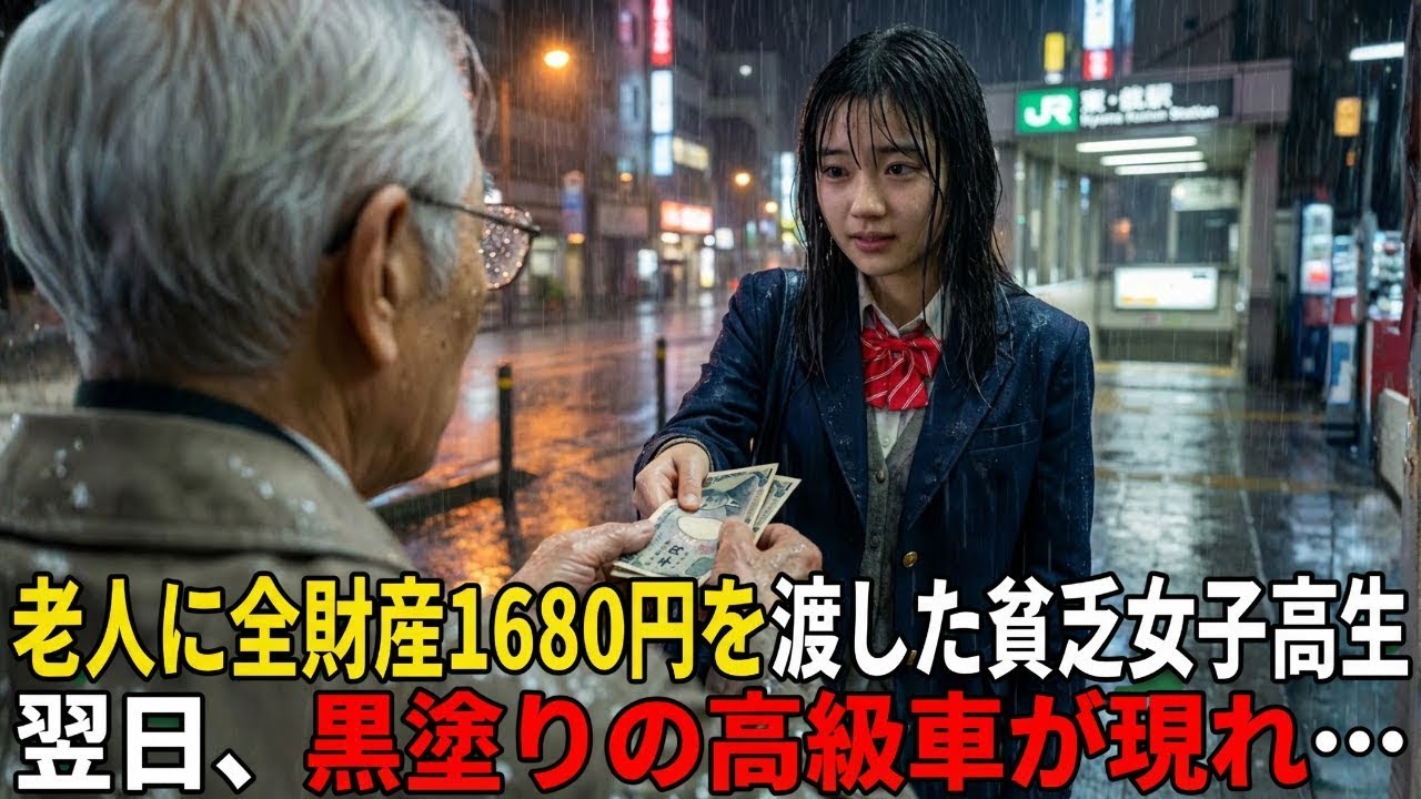 土砂降りの雨の中ぐったりしているお爺さんに全財産1680円を渡した貧乏女子高生。次の日、学校の前に黒塗りの高級車が現れて   【感動する話】
