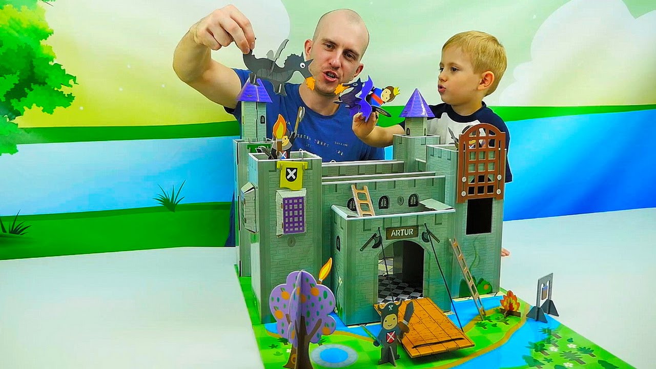 ВИДЕО ДЛЯ ДЕТЕЙ про Рыцарей и нападение злого Дракона. Knights and Dragons playset for Kids