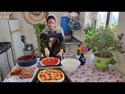 الحياة الريفية في إيران صنع البيتزا بالجبن المنزلي