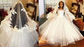DIY Barbie doll dress and wedding veil 👗 How to make barbie clothes Barbie Hacks And Crafts luxury 🥰