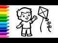 How to Draw a Cute Boy with Kite Easy Drawing, Coloring & Painting for Kids, Toddlers